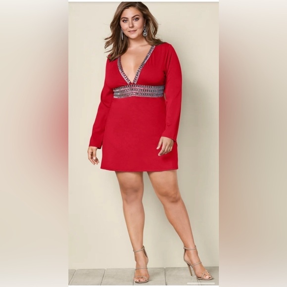 VENUS Dresses & Skirts - 💃🏻🔥VENUS Red Plunging Embellished Dress size 18🔥💃🏻